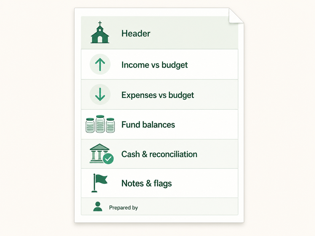 The anatomy of a one-page treasurer's report: header, income vs budget, expenses vs budget, fund balances, cash and reconciliation, notes and flags, and a prepared-by footer.