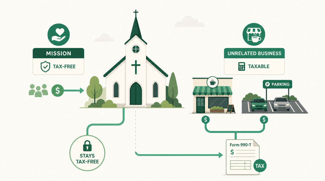 A church's mission income stays tax-free while income from an unrelated business like a public coffee shop or rented parking lot is taxed.