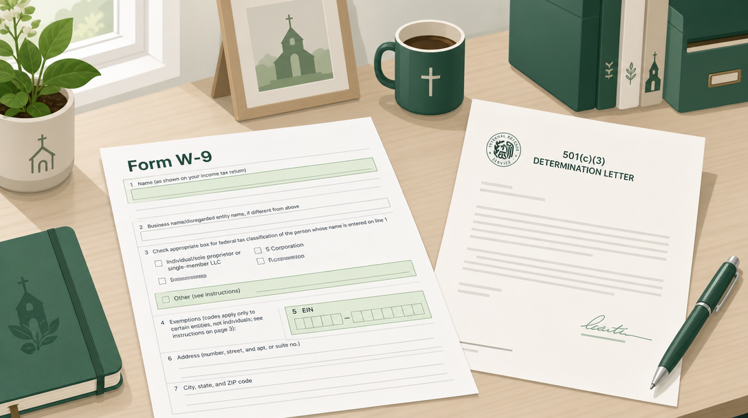 A Form W-9 on a church office desk with the legal name, EIN, and federal tax classification fields highlighted, next to a 501(c)(3) determination letter.