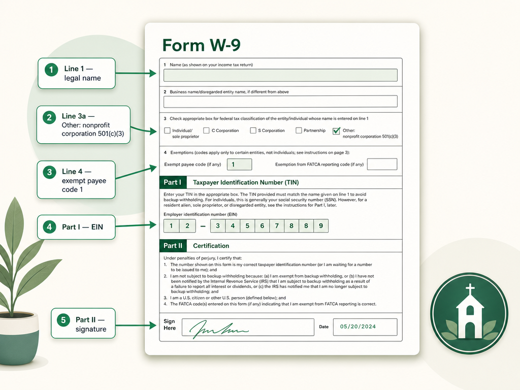A marked-up Form W-9 showing the fields a 501(c)(3) completes: Line 1 legal name, Line 3a 'Other' with 'nonprofit corporation exempt under 501(c)(3)', Line 4 exempt payee code 1, Part I EIN, and Part II signature.