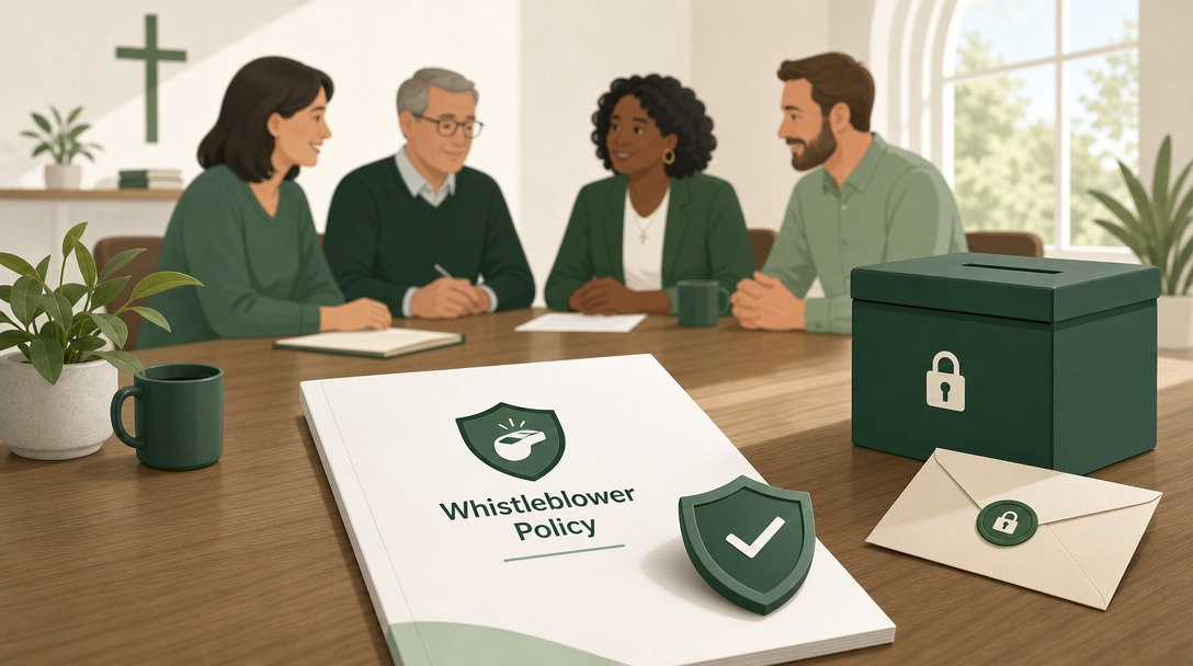 A nonprofit board adopting a whistleblower policy — a labeled policy document with a shield and a confidential report envelope on a table, board members reviewing it in the background.