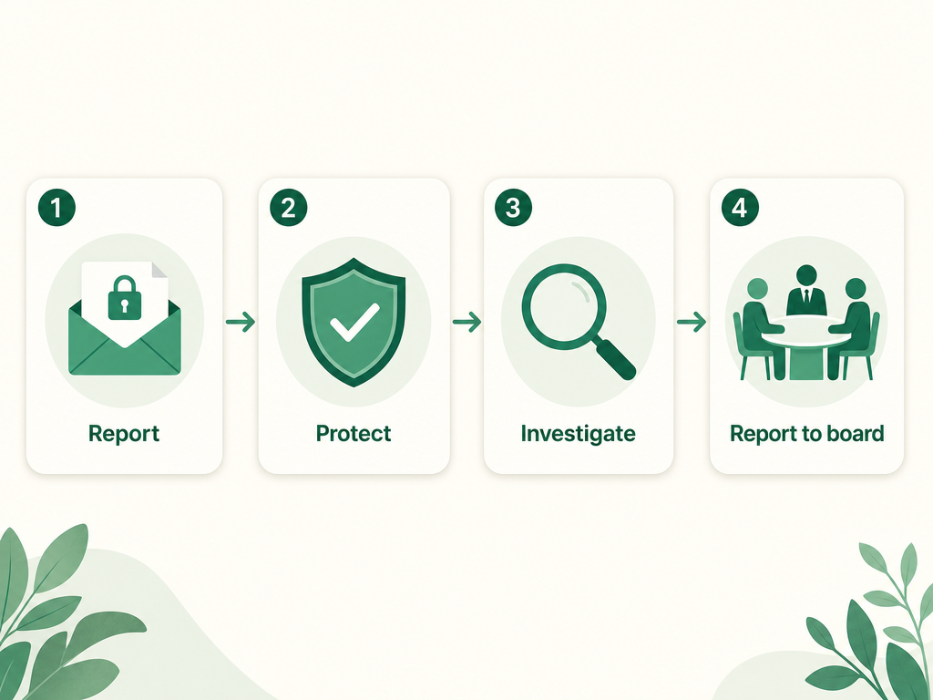 The four steps a whistleblower policy follows: a person reports a concern through a confidential channel, the policy protects them from retaliation, the report is investigated, and the findings go to the board or audit committee.